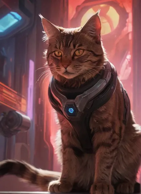 project animal,cat,futuristic,scifi,cinematic,glowing features,hologram features,hyperdetailed photography,50nm dof,bokeh,realistic,sharp focus,ultra detailed,8k uhd,masterpiece,awardwinning,trending on artstation and deviant art, ambient,volumetric,wallpaper,official art, <lora:projectxl-000003:0.75>,red theme,(joji shinkawa and aleksi briclot and ryan hewett)