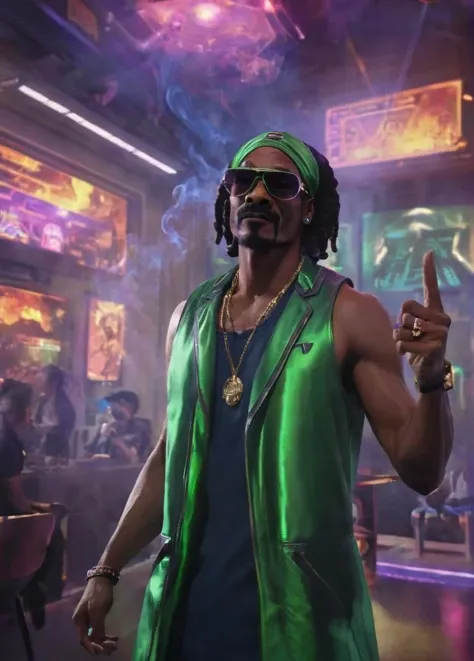 project snoop dog,high,good vibes,glowing smoke,absolutely epic,analog,private press photo,realistic,futuristic,scifi,cinematic,((glowing features)),hologram features,hyperdetailed photography,50nm dof,bokeh,realistic,sharp focus,ultra detailed,8k uhd,masterpiece,awardwinning,trending on artstation and deviant art, ambient,volumetric,wallpaper,official art, <lora:projectxl-000003:0.7>,green theme
