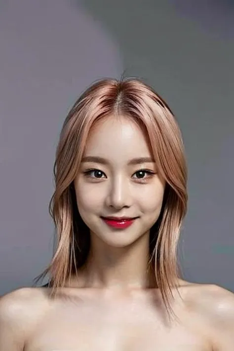 (masterpiece, top quality, best quality, (close-up photograph: 2), ((1girl)), fair skin, (((closed lips))), (extremely detailed face), looking straight, ultra-detailed eyes and pupils, ((bare pectorals)), ((bare chest)), bare head, nude dress, (((bare shoulders))), symmetrical frame, ((strapless)), (((smile))), ((symmetrical pose)), looking at viewer, (((looking at viewer))), ((symmetrical face: 1.6)), 35mm, simple grey background, ((studio lighting)), no watermark, ((light pink hair)), <lora:soljilorashy:1>