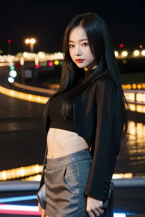 Fujifilm XT3, 8k,close up photo, masterpiece, best quality, (((1girl))), solo,realistic, ((looking at viewer)), photorealistic, (extremely detailed face), looking at viewer, ultra-detailed eyes and pupils, ultra detailed, serious expression, standing against a city skyline at night, cropped top,shirts, Suit skirt, ((navel)), <lora:soljilorashy:1>