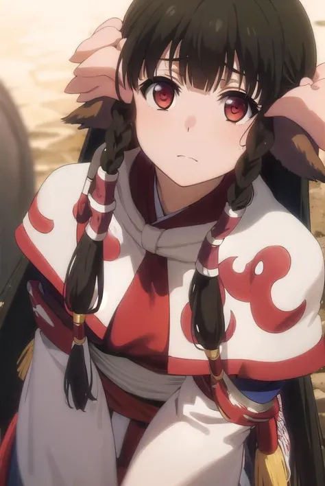 utawarerumonorurutie, <lora:utawarerumono rurutie s2-lora-nochekaiser:1>,
rurutie, long hair, bangs, black hair, animal ears, sidelocks, hair tubes, (red eyes:1.3), bow, hair bow, braid, twin braids,
BREAK long sleeves, tail, ainu clothes, capelet, wide sleeves,
BREAK outdoors,
BREAK looking at viewer, (cowboy shot:1.5),
BREAK <lyco:GoodHands-beta2:1>, (masterpiece:1.2), best quality, high resolution, unity 8k wallpaper, (illustration:0.8), (beautiful detailed eyes:1.6), extremely detailed face, perfect lighting, extremely detailed CG, (perfect hands, perfect anatomy),