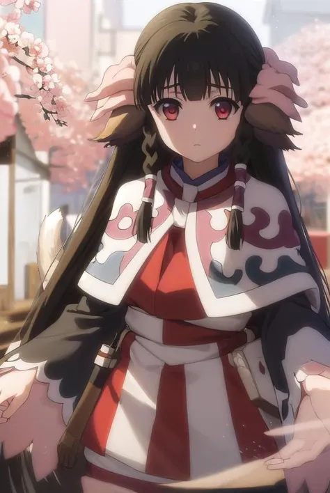 utawarerumonorurutie, <lora:utawarerumono rurutie s2-lora-nochekaiser:1>,
rurutie, long hair, bangs, black hair, animal ears, sidelocks, hair tubes, (red eyes:1.3), bow, hair bow, braid, twin braids,
BREAK long sleeves, tail, ainu clothes, capelet, wide sleeves,
BREAK outdoors,
BREAK looking at viewer, (cowboy shot:1.5),
BREAK <lyco:GoodHands-beta2:1>, (masterpiece:1.2), best quality, high resolution, unity 8k wallpaper, (illustration:0.8), (beautiful detailed eyes:1.6), extremely detailed face, perfect lighting, extremely detailed CG, (perfect hands, perfect anatomy),