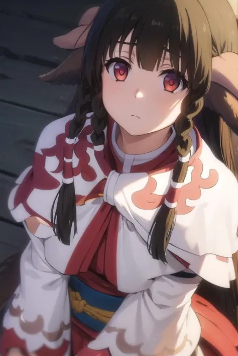 utawarerumonorurutie, <lora:utawarerumono rurutie s2-lora-nochekaiser:1>,
rurutie, long hair, bangs, black hair, animal ears, sidelocks, hair tubes, (red eyes:1.3), bow, hair bow, braid, twin braids,
BREAK long sleeves, tail, ainu clothes, capelet, wide sleeves,
BREAK outdoors,
BREAK looking at viewer, (cowboy shot:1.5),
BREAK <lyco:GoodHands-beta2:1>, (masterpiece:1.2), best quality, high resolution, unity 8k wallpaper, (illustration:0.8), (beautiful detailed eyes:1.6), extremely detailed face, perfect lighting, extremely detailed CG, (perfect hands, perfect anatomy),
