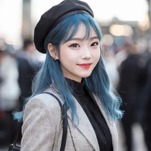 blue hair, nikon RAW photo,8 k, Fujifilm XT3,masterpiece, best quality, realistic, photorealistic, ultra detailed, extremely detailed face, solo,1girl, standing, fashionable and trendy atmosphere, high-end makeup products, and a stylish expression on her face, smile , hat