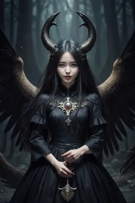 unparalleled 8K UHD professional photograph that stands as a testament to the zenith of artistic vision, set against the backdrop of a spellbinding fantasy realm. At the heart of this realm is a 19-year-old girl, a figure of sublime beauty with cascading soft black hair that glimmers like strands of starlight. Her presence is a harmonious contradiction: while her visage radiates innocence, her amazingly elegantly arched black devil horns unveil her true identity as a bona fide real demon. These devil horns, majestic yet menacing, are a perfect embodiment of her dual nature, blending seamlessly with her enchanting allure. Her pale hands, captured in exquisite detail, are not just visually striking but are also imbued with the narrative of her demonic heritage, each line and curve a whisper of her ancient lineage. By her side stands a majestic, enigmatic giant crow, a noble companion whose presence complements her own formidable essence. Their bond transcends the ordinary, radiating a joy that is both pure and deeply rooted in their shared mystical bond. The scene is bathed in a resplendent natural light that not only illuminates but also enhances the surreal elements of this otherworldly setting. The light weaves through her hair, dances around her horns, and casts a noble glow on her scary giant crow companion, against a backdrop that is vibrant and dreamlike. This composition is a masterful interplay of light and shadow, adding depth and dimension, and rendering every texture so vivid that it feels tangible. This photograph is more than a visual feast; it's an immersive experience. The viewer is not merely observing but is drawn into a world where the line between reality and fantasy blurs, touched by the beauty, mystery, and intrinsic joy of this demon girl and her mythical crow. It's a portrayal that transcends the medium, capturing the essence of their otherworldly existence in a moment frozen in time.