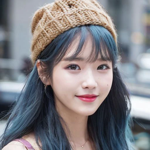 blue hair, nikon RAW photo,8 k, Fujifilm XT3,masterpiece, best quality, realistic, photorealistic, ultra detailed, extremely detailed face, solo,1girl, standing, fashionable and trendy atmosphere, high-end makeup products, and a stylish expression on her face, smile , hat