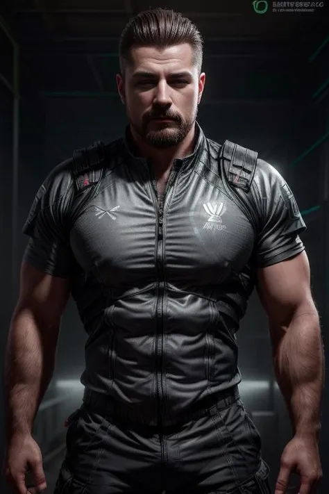 (best quality:2, 8k:2,absurdres:2, masterpiece:2, atmospheric:2, extremely detailed, detailed textures,detailed cloth texture, perspective), epic, soft light, dramatic lighting, reflection, highlight, depth of field, sharp focus, vibrant colors:2, photorealistic:2, male focus, medium shot, blue hoodie, ((open hoodie:1.0)), open jacket, futuristic costume, casual costume, sci-fi casual costume, sci-fi casual clothes, short sleeves sci-fi armor, short sleeves shirt, looking at viewer, serious expression, bara, bear-like, muscle, mature, athletic, perfect face, rugged look, facial hair, beard, stubble, big eyes, amber eyes, reflection in eyes, heavy brow, short hair, undercut, black hair