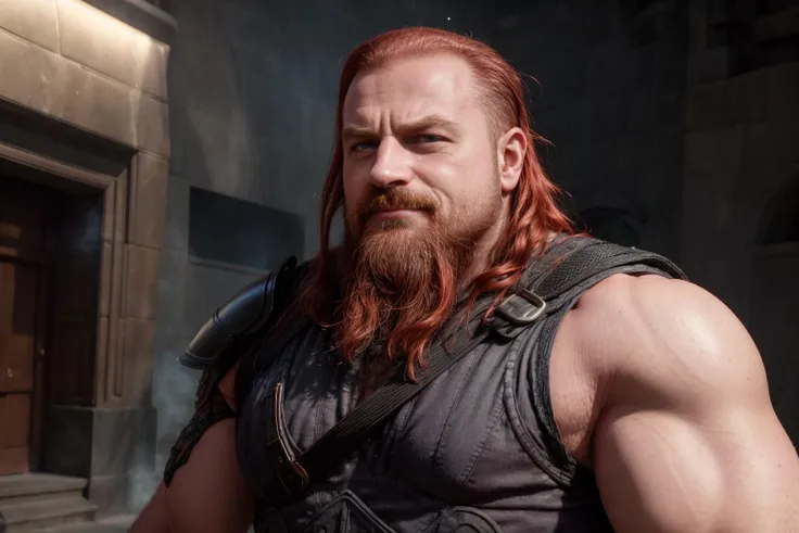 design, interrior, interriordesign Masterpiece, best quality, (highly detailed photo:1. 1), redhead dwarf man, a man with a beard wearing a heavy armor, bodybuilder, (reflexes:1.2), candi buddha building background, (angry and passionate look), blue eyes, (smiling), 8k render in octane, volumetric lighting, volumetric shadows, <lora:more_details:0.6> <lora:ARWCandiBuddha:0.4> <lora:Donia_v1:0.75> <lora:DoubleThickV2:1>