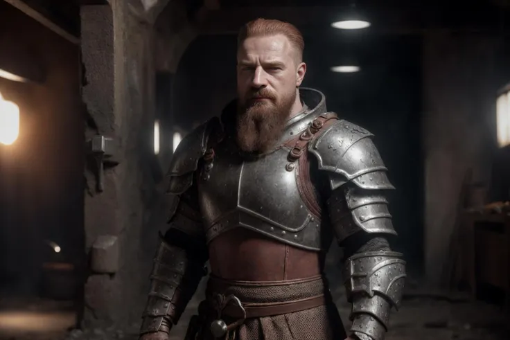 masterpiece, photorealistic ultra-detailed raw picture, redhead dwarf man, a man with a beard wearing a heavy armor, bodybuilder, (underground forge background), (angry and passionate look), grey eyes, ((full body view)), 8k render in octane, best quality, volumetric lighting, volumetric shadows, <lora:Donia_v1:0.75> <lora:DoubleThickV2:1>