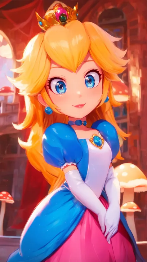 highres,bright,beautiful light,masterpiece,perfect lighting,bloom,cinematic lighting,cowboy shot,adult,choker,blue eyes,sensual,mushrooms,mushroom kingdom,(day:1.3),looking at viewer,(PrincessPeach),female,skinny,<lora:mpeachv6:0.8>,smile,pursed lips,((glossy lips)),narrow waist,perfect skin,detailed eyes,(skin tight:1.1),pink lips,pink pumps,shiny,oily skin,glossy skin,