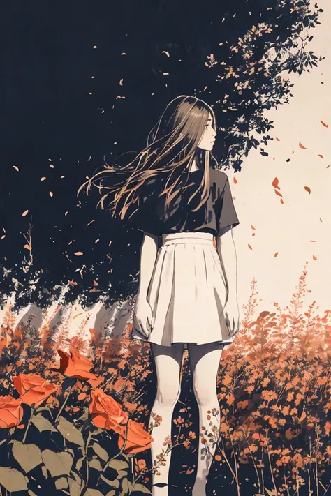 A melancholic autumn scene in a vast flower field,a gentle breeze rustling through the dry grass,fallen leaves scattered among the flowers, a bittersweet atmosphere, a moment of quiet contemplation,1girl,long hair,white_skirt, high-waist_shorts, outfit ,roses,(dynamic angle:1.1),vivid,Soft and warm color palette, delicate brushwork, evocative use of light and shadow, wide shot,subtle details in the wilting flowers,high contrast,color contrast <lora:EF-InstantPhotoX3:0.1> <lora:EF-LowRA:0.1> dark theme <lora:Heavy_grain:0.25> film overlay, film grain <lora:to8contrast-1-5:0.2> to8contrast style <lora:EF-Painted_poster_V1:0.5> Painted poster<lora:EF-GoodHands-beta2:0.5><lora:EF-GoodHands-beta2:0.5>