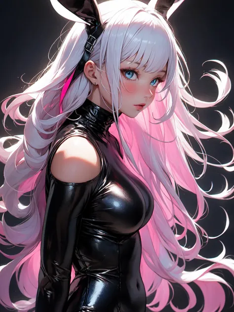 ultra-detailed,masterpiece,best quality,extremely detailed,sharp focus,portrait,illustration,
bunnygirl, 1girl, solo, animal ears, shiny clothes, long hair, rabbit tail, rabbit ears, latex, tail, gloves, bodysuit, shiny, white gloves, latex bodysuit, looking at viewer, breasts, black bodysuit, blue eyes, parted lips, blush, bangs, white hair, skin tight, simple background, black background, lips, pink hair, medium breasts, from side, cowboy shot, multicolored hair,    <lora:bunnygirl_20230810050138-000002:0.6>