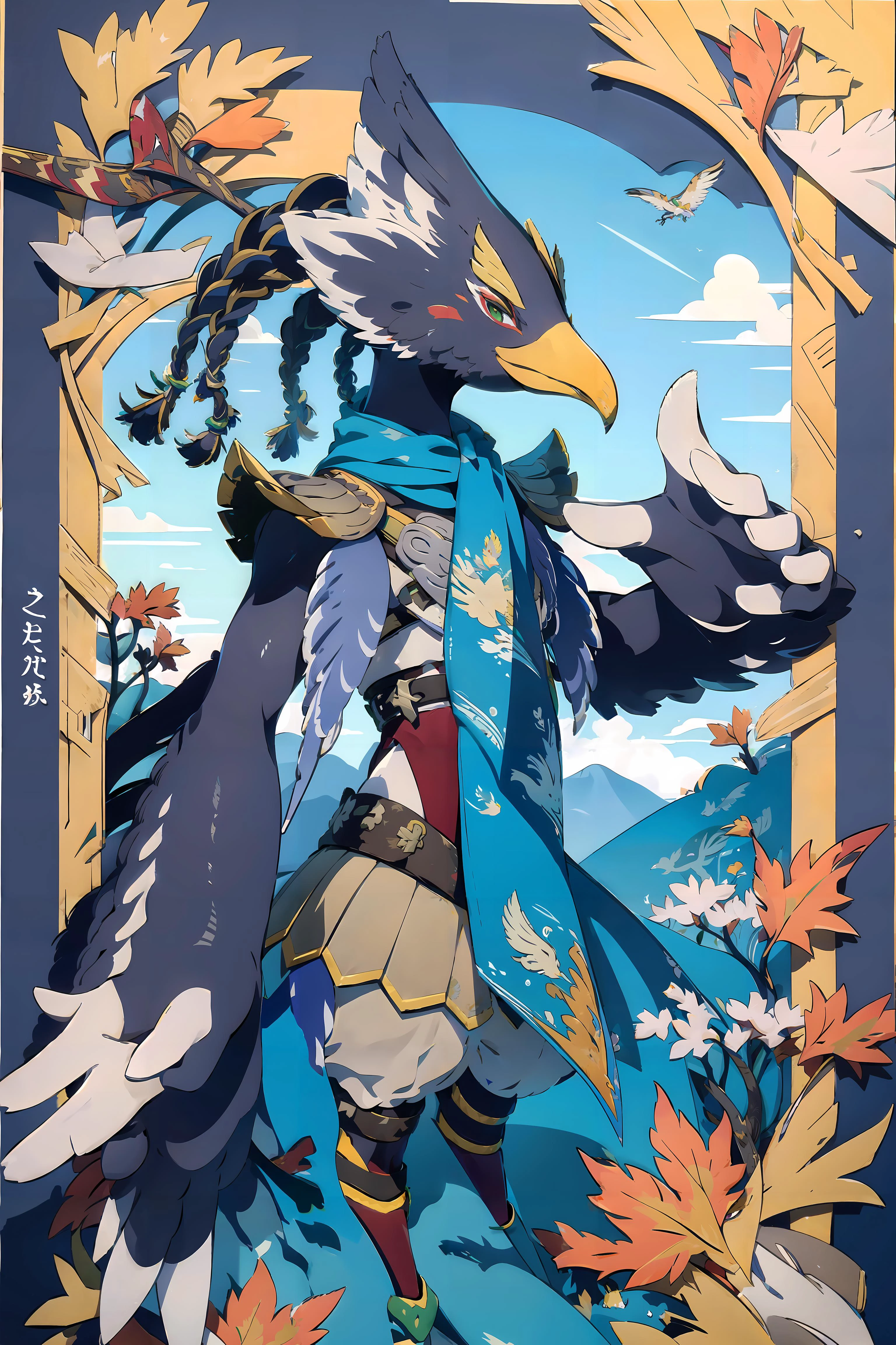 ultra-detailed,masterpiece,best quality,extremely detailed,watercolor,sharp focus,portrait,illustration,revali, solo,anthro avian bird, beak, ((winged-arms)), detailed, masterpiece, forest background, blue sky , green eyes, bird tail, armor, feathered wings, claws, tail, blue, feathers, anklet, bird legs, looking at viewer, fullbody , <lora:KK_paperCut_v5:0.4>paper_cutï¼Updrafts, wind blowing maple leaves, swirling air currents, flapping wingsï¼surrounded by fireï¼zentangle, mandala, tangle, entangle,