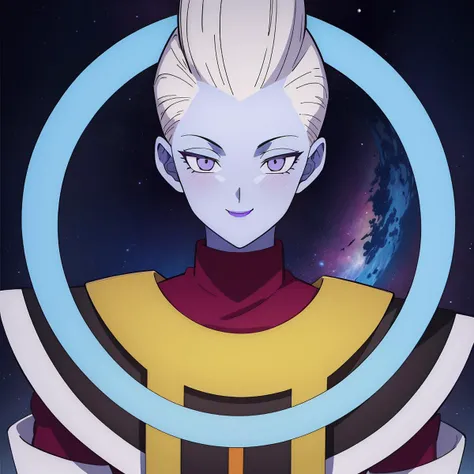 Best_QualityPos, RAW photo, intricate details, best quality, 8k uhd, soft lighting, in space, 1boy, solo, white hair, blue skin, colored skin, purple eyes, purple lips, smile <lora:WhisV2:0.7>