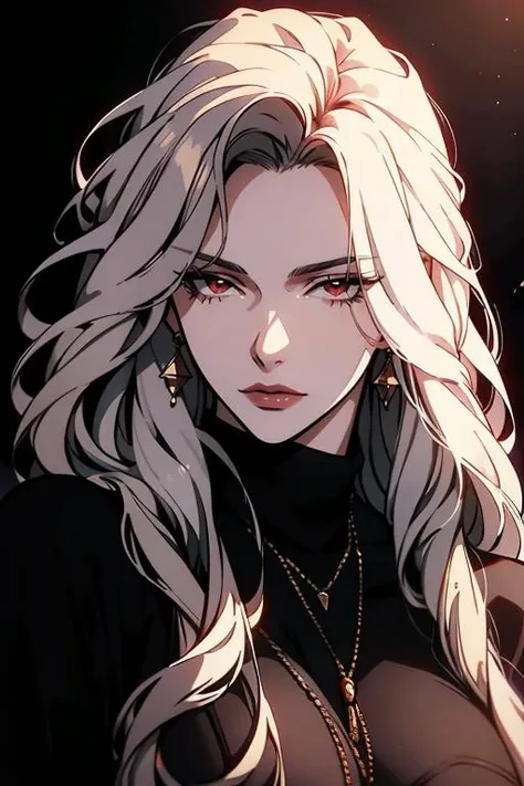 absurdres,(best quality),(masterpiece),(ultra-detailed:1.2),(photorealistic:1.1),(highres)cloak,1girl,solo,long hair,red eyes,white hair,hair over one eye,looking at viewer,red lips,sweater,upper body,turtleneck,makeup,blood,eyelashes,black sweater,blood on face,breasts,lipstick,one eye covered,black background,turtleneck sweater,(floating hair:1.4),wavy hair,<lora:forehead_slider_v2:0>,<lora:age_slider_v2:4>,<lora:curly_hair_slider_v1:3>,<lora:unique_artstyle:0.5>,<lora:tangbohu-line_1.0:0.5>,<lora:more_details:-0.3>,<lora:sharp_eyes:0.6>,sharp_eyes,<lora:animemix_v3_offset:0.3>,<lora:hair_length_slider_v1:3>,<lora:80'sFusion:0.4>,<lora:Tsurime3:0.8>, tsurime,