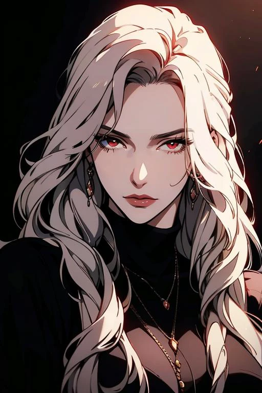 absurdres,(best quality),(masterpiece),(ultra-detailed:1.2),(photorealistic:1.1),(highres)cloak,1girl,solo,long hair,red eyes,white hair,hair over one eye,looking at viewer,red lips,sweater,upper body,turtleneck,makeup,blood,eyelashes,black sweater,blood on face,breasts,lipstick,one eye covered,black background,turtleneck sweater,(floating hair:1.4),wavy hair,<lora:forehead_slider_v2:0>,<lora:age_slider_v2:4>,<lora:curly_hair_slider_v1:3>,<lora:unique_artstyle:0.5>,<lora:tangbohu-line_1.0:0.5>,<lora:more_details:-0.3>,<lora:sharp_eyes:0.6>,sharp_eyes,<lora:animemix_v3_offset:0.3>,<lora:hair_length_slider_v1:3>,<lora:80'sFusion:0.4>,