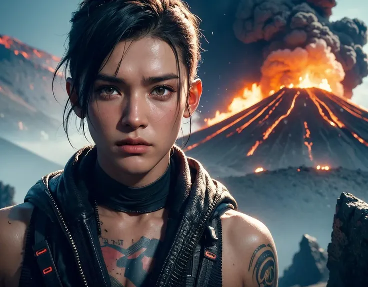 (((portrait)))+++, cyberpunk (((1 boy)))+++, climbing a volcano in an abandoned volcanic planet, Volcanic explosion Lava, cinematic trailer, imax, 8k, high resolution