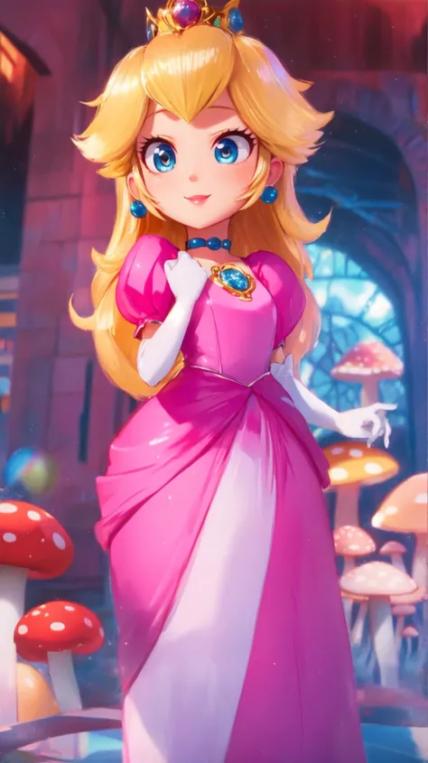 highres,bright,beautiful light,masterpiece,perfect lighting,bloom,cinematic lighting,cowboy shot,adult,choker,blue eyes,sensual,mushrooms,mushroom kingdom,(day:1.3),looking at viewer,(PrincessPeach),female,skinny,<lora:mpeachv6:0.8>,smile,pursed lips,((glossy lips)),narrow waist,perfect skin,detailed eyes,(skin tight:1.1),pink lips,pink pumps,shiny,oily skin,glossy skin,