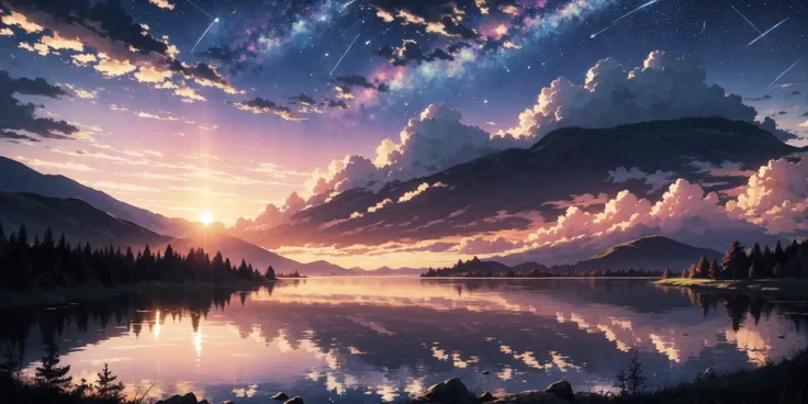 ultra-detailed,masterpiece,best quality,extremely detailed,sharp focus,portrait,illustration,
yw, sky, cloud, no humans, scenery, reflection, comic, cloudy sky,outdoors, sunset, lakeï¼Above the clouds, beautiful scenery, shooting stars streaking across<lora:yw_20230811041543-00000000007:1>