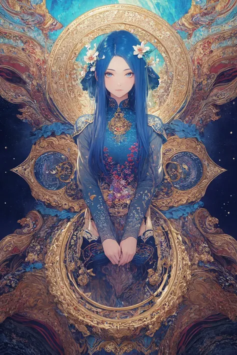 (masterpiece, top quality, best quality, official art, beautiful and aesthetic:1.20), very detailed, (fractal art), colorful, most Detailed, (abstract background:1.50), (1girl), hair decoration, goddess of the moon, china dress, flower circle, milky way, dream, whimsical fantasy, beautiful detailed sky, art nouveau, symmetrical, optical illusions, <lora:doa_lobelia:0.5>, lobelia, blue hair, long hair,