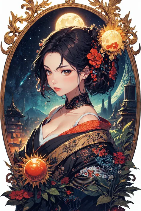(masterpiece, top quality, best quality, official art, beautiful and aesthetic:1.20), very detailed, (fractal art), colorful, most Detailed, (abstract background:1.50), (1girl), hair decoration, black hair, Amaterasu, kimono, goddess of the sun, Japanese mythology, solar system, milky way, dream, whimsical fantasy, beautiful detailed sky, (delicate refective and high glass guardrail board), (fire), art nouveau, symmetrical, optical illusions,