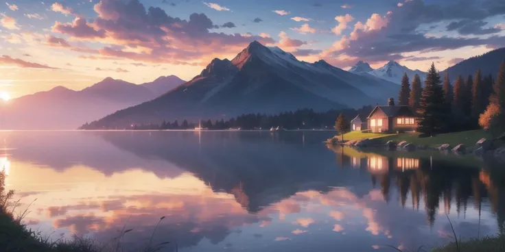 ultra-detailed,masterpiece,best quality,extremely detailed,sharp focus,portrait,illustration,
yw, sky, cloud, no humans, scenery, reflection, comic, cloudy sky, outdoors, sunset, blue sky, water, mountain, lakeï¼ <lora:yw_20230811041543-00000000008:0.5>