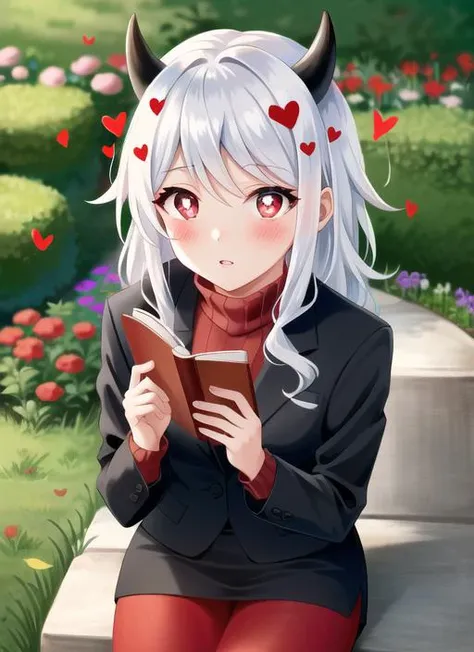 ((best quality)), ((highly detailed)), masterpiece, (detailed eyes, deep eyes), (1girl), upper body, <lora:modeus:1>, modeus(helltaker), medium hair, white hair, (red eyes), symbol-shaped pupils, heart-shaped pupils, demon horns, black horns, demon tail, naughty face, blush, soft, parted lips, ((red sweater)), ribbed sweater, turtleneck, black jacket, suit, black pencil skirt, ((red pantyhose)), black boots, reading book, (in a garden)