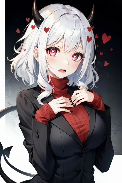 (masterpiece, best quality:1.2), IncrsProp, wedding ring, 1girl, htmodeus, blush, flustered, wavy mouth, looking at viewer, heart-shaped pupils, formal, black jacket, red sweater, turtleneck <lora:helltaker_modeus-10:1> <lora:Proposal:1>