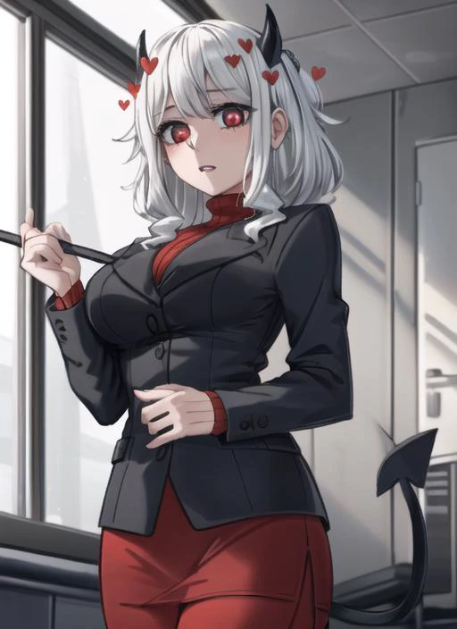 ((best quality)), ((highly detailed)), masterpiece, detailed face, beautiful face, (detailed eyes, deep eyes), (1girl), upper body, <lora:hairdetailer:.8>, <lora:modeus:1>, modeus(helltaker), medium hair, white hair, (red eyes), symbol-shaped pupils, heart-shaped pupils, demon horns, black horns, demon tail, naughty face, blush, floating hearts, soft, large breasts, parted lips, ((red sweater)), ribbed sweater, turtleneck, black jacket, suit, black pencil skirt, ((red pantyhose)), black boots, (inside, at a gymnasium), <lora:helltakerLora_10:.6>, helltaker style
