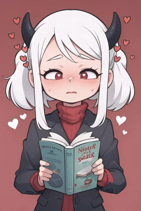 masterpiece, best quality,
magenta background,
upper body, modeus(helltaker), white hair, red ribbed sweater, turtleneck, black jacket, horns, hearts, closed eyes, lips parted lips,
1girl, solo, constricted pupils, (bunching hair:1.2), twintails, nose blush, reading book, hunched over,
<lora:modeus:0.8>