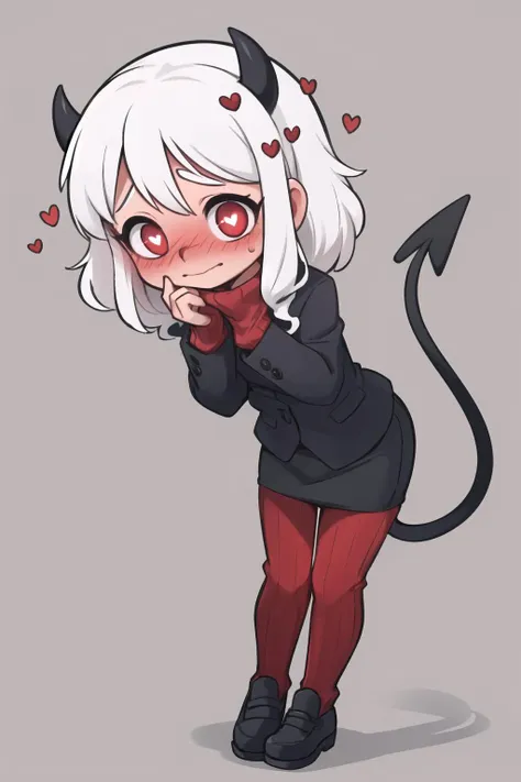 masterpiece, best quality,
modeus(helltaker), demon tail, red ribbed sweater, turtleneck, black skirt, red pants, black jacket, white hair, horns, hearts, heart-shaped pupils, glowing eyes,
1girl, solo, full body, magenta background, standing, leaning forward, hands on own face, (full-face blush:1.2),
<lora:modeus:0.8>