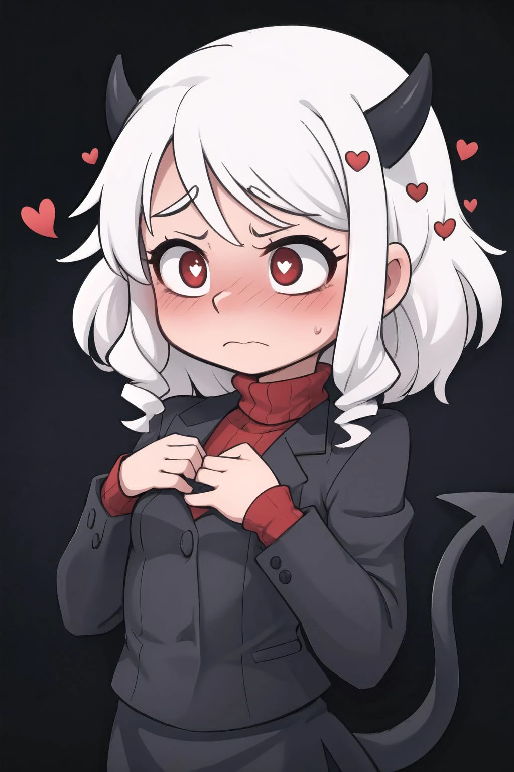 masterpiece, best quality,
black background,
modeus(helltaker), demon tail, red ribbed sweater, turtleneck, black skirt, black jacket, white hair, horns, hearts, heart-shaped pupils, closed mouth
1girl, solo, upper body, surprised, frown, hands on own chest, blush
<lora:modeus:0.8>