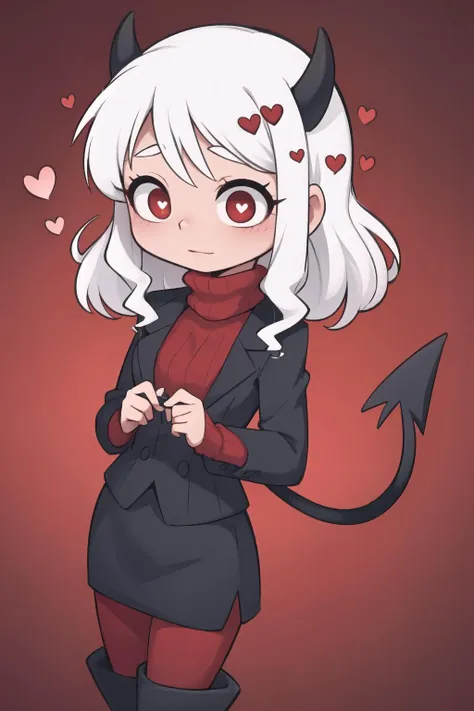 masterpiece, best quality,
modeus(helltaker), demon tail, red ribbed sweater, turtleneck, black skirt, red leggings, black thigh boots, black jacket, white hair, horns, hearts, heart-shaped pupils,
red background, notice lines,
<lora:modeus:0.8>