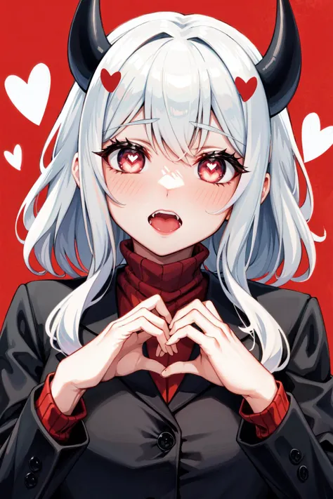 masterpiece, best quality, modeus(helltaker), drooling, formal, black horns, large breasts, open mouth, simple background, red eyes, long sleeves, symbol-shaped pupils, upper body, solo, sweater, white hair, black suit, ribbed sweater, blush, turtleneck, 1girl, heart, jacket, demon horns, horns, heart-shaped pupils, red sweater, red background, looking at viewer, own hands together, suit, demon girl