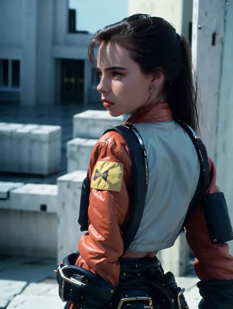 MM1985 <lora:MathildaMay1985V01:1>, very pale (finely detailed skin) , Ray Tracing, realistic, photorealistic, detailed, realistic details, depth of field, professional lighting, neon city, (1 girl:1.3), ponytail, from side, pose for camera, (realistic, photo-realistic:1.37), (8k, RAW photo, best quality, masterpiece:1.2), ultra-detailed, physically-based rendering, ultra high res, looking at viewer, full body, (black techwear jacket and red trousers with buckle and tape), soft backlighting