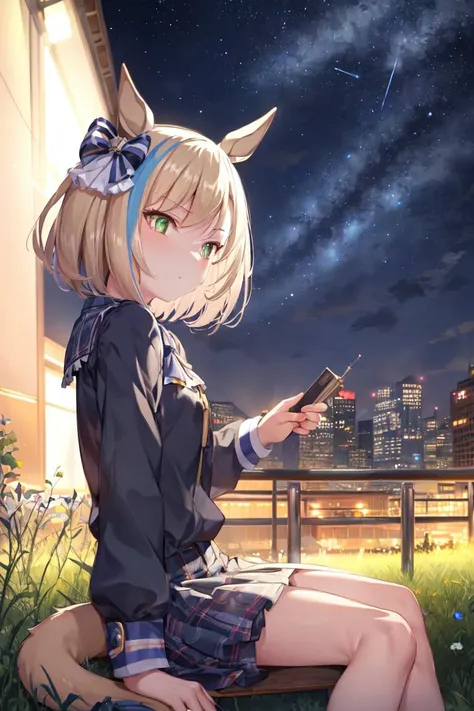 masterpiece, best quality,
little cocon \(umamusume\), 
building, neon, night sky, starry sky, 
looking to the side, sitting, cityscape, from side, looking up, grass,
black shirt, plaid skirt, tail through clothes, 
<lyco:little_cocon_loha:0.8>