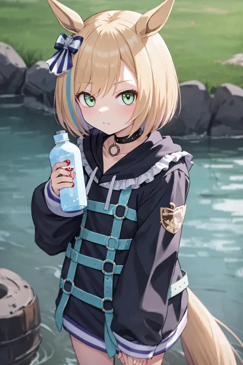 masterpiece, best quality, little cocon \(umamusume\), outdoors, holding water bottle, looking at viewer, hair bow, striped bow, hood down, black hoodie, black choker, black collar, frilled sailor collar, drawstring, puffy long sleeves, sleeves past wrists, blue dress, chest harness, o-ring, short dress, frills, <lyco:little_cocon_loha:0.8>