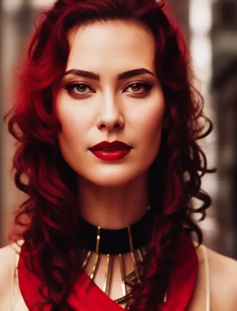 facial portrait, a woman, red and gold, cyberpunk <lora:Shalow Harlow:0.8>