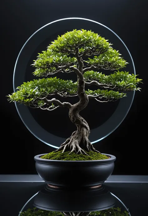 cinematic bonsai tree, potted plant on black reflective glass with mirrors and infinite refractive loops, extremely detailed, 8k, 35mm photograph, amazing natural lighting, brilliant composition, symmetrical pattern