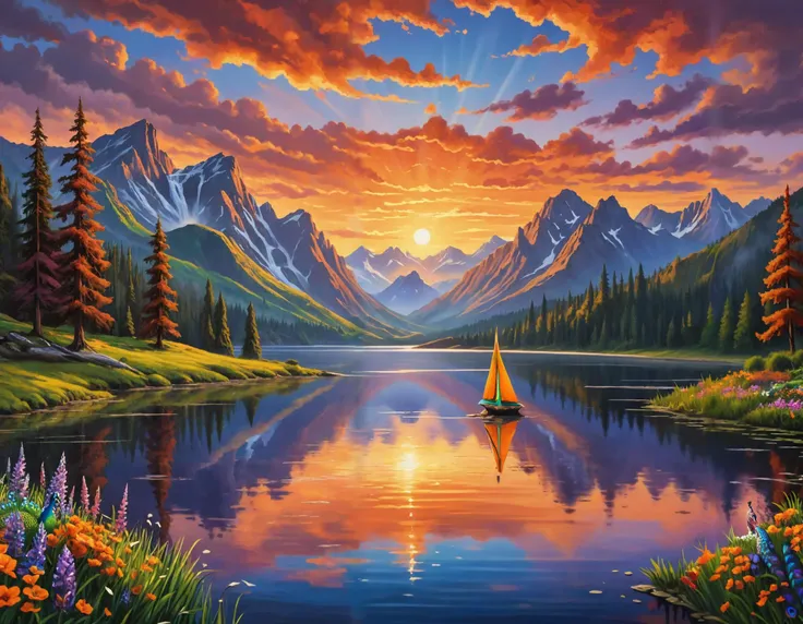 A breathtaking landscape painting in the style of the Romantic era. Capture the majestic beauty of nature with towering mountains reaching towards a dramatic sunset sky ablaze with fiery orange and purple hues. A vast, shimmering lake reflects the vibrant colors above, and a lone sailboat glides peacefully across its surface. Lush greenery covers the foreground, dotted with wildflowers and perhaps a majestic deer grazing in the distance. This scene evokes a sense of awe and wonder, reminiscent of the captivating landscapes cherished by many throughout history.