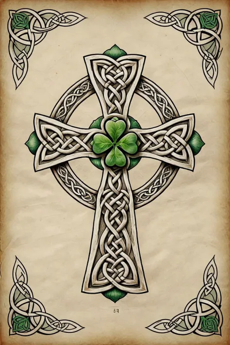 <lora:ParchartXL-2.0:0.8>,on parchment,celtic knot,celtic cross,celtic,(four-leaf clover:1.1),, (masterpiece, best quality, high quality, highres, ultra-detailed),