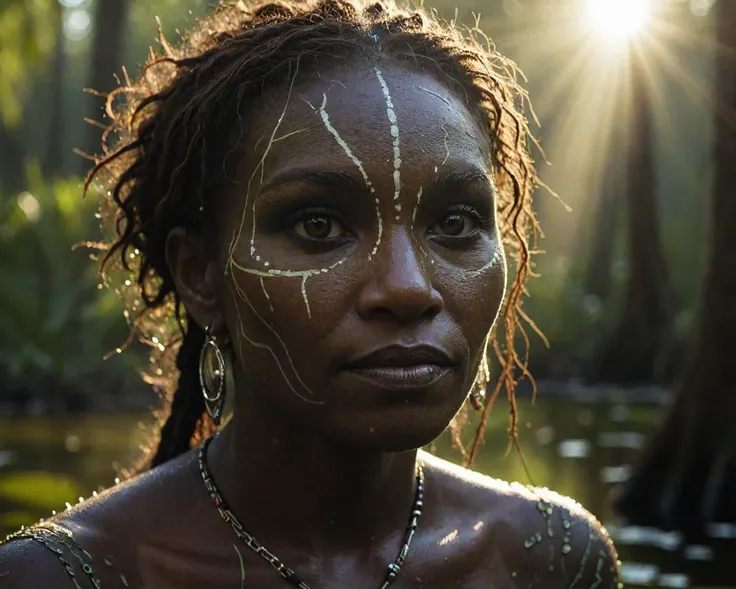 woman, voodoo, swamp, clear focus, shafts of sunlight, detailed face, chiaroscuro