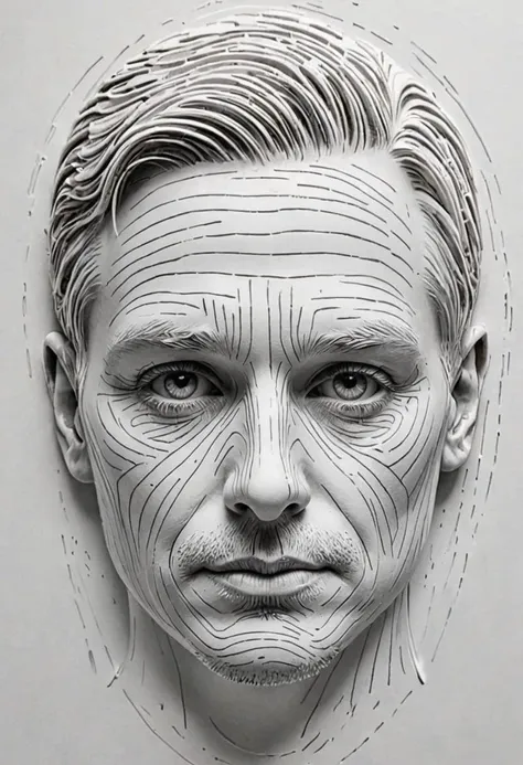 (a fingerprint that form a human face,each line is on different 3d depth heaight, hyperrealistic ,white paint, white wall, emotion, ), intricate details, (masterpiece)