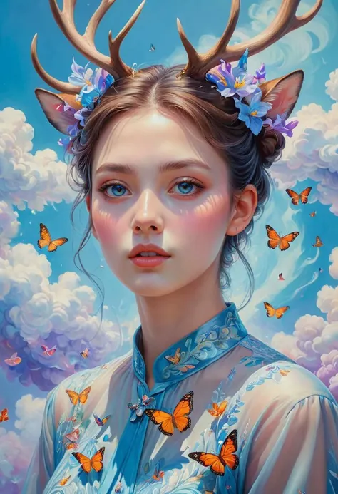 james jean, floating deer figure made of butterfly, smoke, in the sky, colorful and vibrant, mystical colors, contemporary impressionism, yanjun cheng portrait painting, iridescent painting, 3/4 perspective view, cute face, low angle, sweeping circling composition, large beautiful crystal eyes, big irises, UHD, HDR, 8K, (Masterpiece:1. 5), (the most beautiful portrait in the world:1.5)