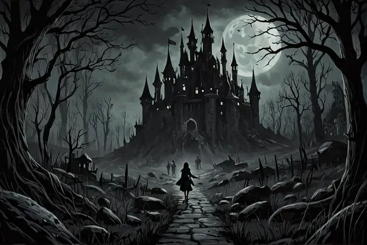 A classic fairy tale scene re-envisioned in the style of a dark fantasy graphic novel, bold lines, gritty textures, and an ominous atmosphere