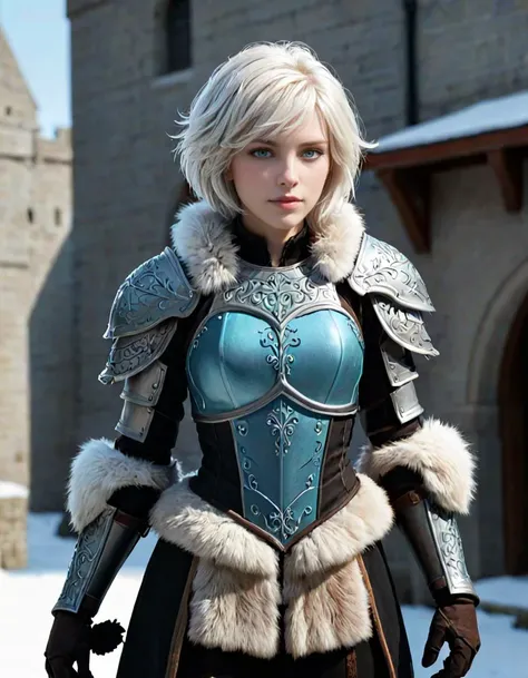 1girl, light armor, platinum blonde hair, (short hair:1.5), aqua eyes,    standing,  medieval, fur trim, snow, winter, floating hair, 
masterpiece, best quality, intricate, ambient occlusion  <lora:add_sharpness:1.0>