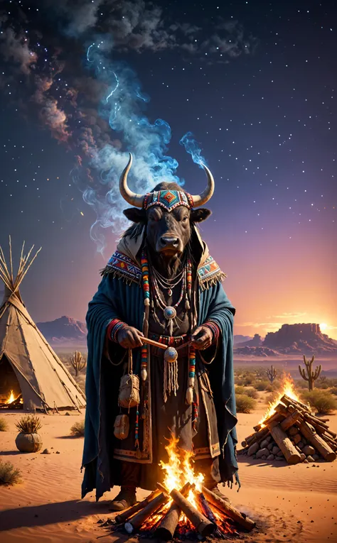 A old aged water buffalo from the western United States wearing a shaman's outfit and a hooded cloak that follows the spirits of nature, such as wind and fire, with a shaman stick and travel baggage in one hand, smoking a cigar in front of a bonfire and practicing shamanism.
Break, A vast and clear night sky with various totems and bonfires in the background of a huge desert oasis shelter.
Break, full shot, cinematic lighting, dramtic Scene,High quality 3D rendering, fantasy, Pixar 3D character design style.
<lora:add-detail-xl:0.8>, <lora:xl_more_art-full_v1:0.5>,