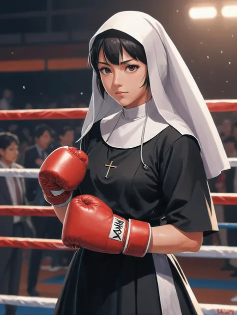 ((Painted Anime)), (boxing nun), art by atey ghailan, painterly anime style at pixiv, art by kantoku, in art style of redjuice/necömi/rella/tiv pixiv collab, your name anime art style, masterpiece digital painting, exquisite lighting and composition, inspired by wlop art style, 8k, sharp, very detailed, high resolution, illustration