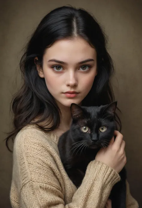 by Arturo Souto, by Brad Kunkle and wlop in the style of Daniel Merriam, cute 18 year old woman and her pet cat, digital painting, pale skin,highly detailed face,black hair, seducing facial expression,wearing a cozy sweater, 1950s,dark background,warm colors, RAW candid cinema,16mm,color graded portra 400 film,remarkable color,ultra realistic,, captured on a (Nikon D850)defiant facial expression