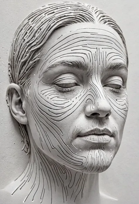 (a fingerprint that form a human face,close eyes,each line is on different 3d depth heaight, hyperrealistic ,white paint, white wall, emotion, ), intricate details, (masterpiece)